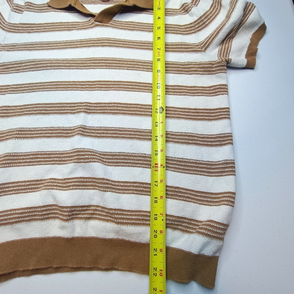 Common People Fry Knitted Polo Shirt Tan Brown Stripe Size S Cotton Preppy - Picture 8 of 9